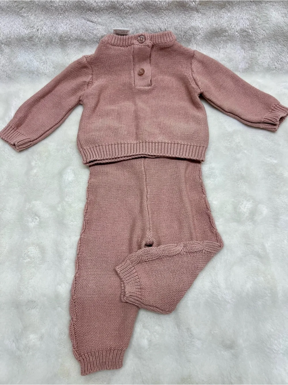 Little Lass Mauve Pink Knit Sweater Set with White Pocket Faces